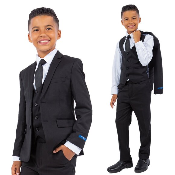 Perry Ellis Boys Black Suit, Solid 5-Piece Notch Lapel - Picture 1 of 8